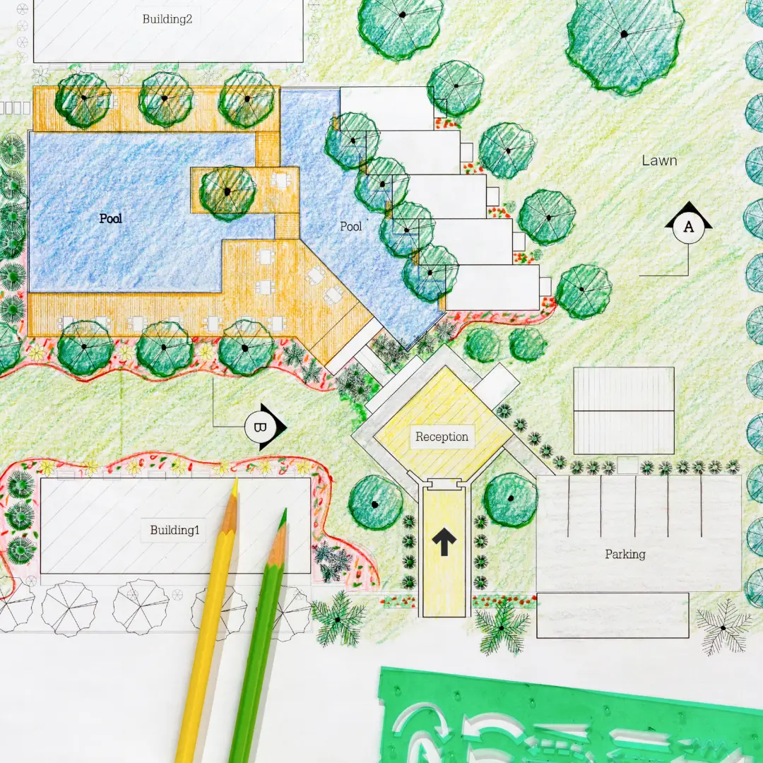 Colorful landscape design plan with pools and buildings.
